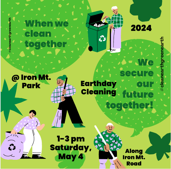 Earthday Cleaning at Iron Mountain Park, 1-3 pm Saturday, May 4. Along Iron Mountain Road.